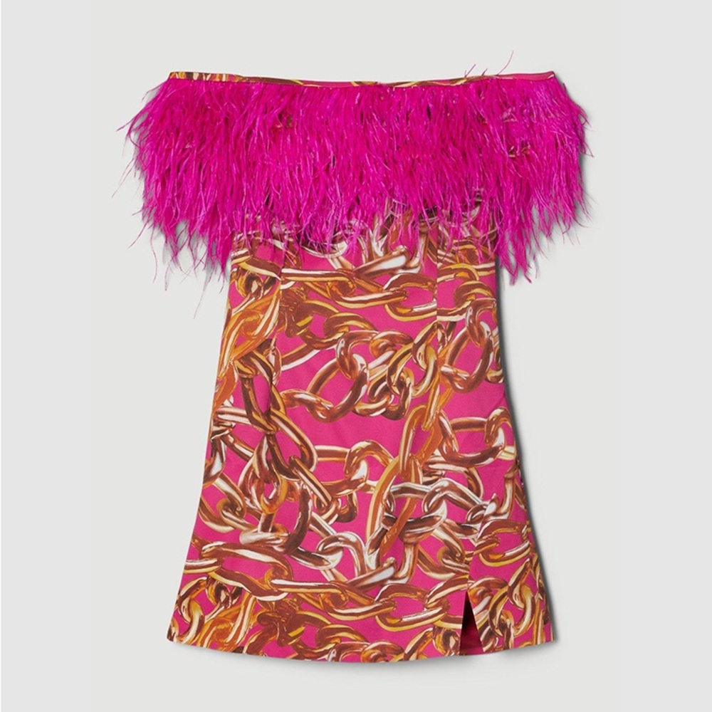 KAREN MILLEN Italian Signature Stretch Chain Feather Bardot Mini Dress
